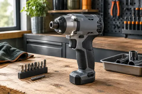 Visseuse à chocs Makita compacte posée sur un établi, avec poignée souple et embout hexagonal