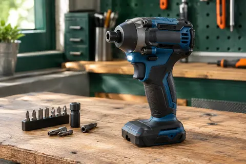 Visseuse à chocs compacte noir et bleu posée sur un établi en bois avec des embouts rangés à proximité