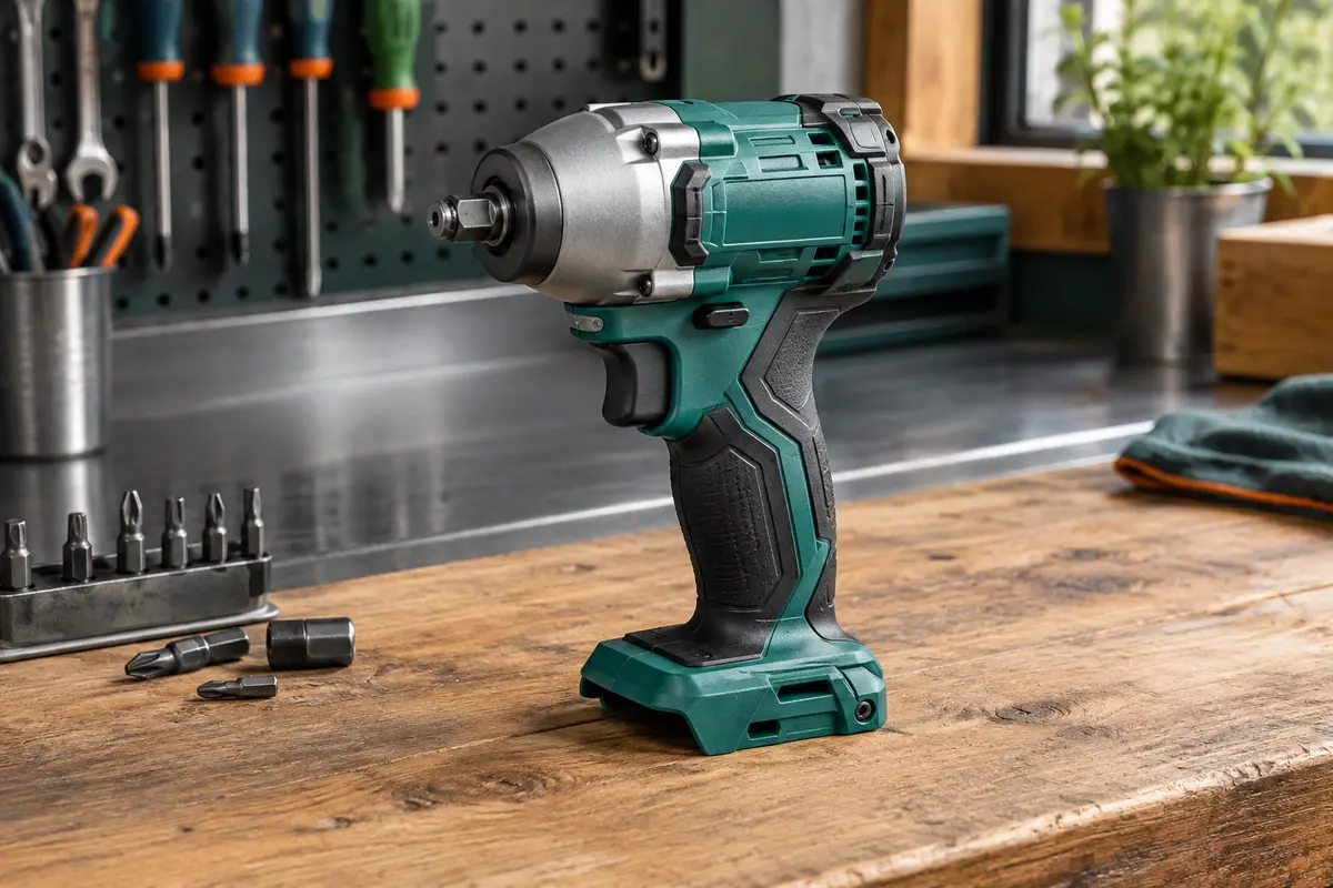 Visseuse à chocs Makita turquoise posée sur un établi en bois avec des embouts rangés à proximité