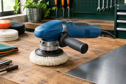 Polisseuse orbitale bleue avec disque en laine de 75 mm posée sur un établi d’atelier