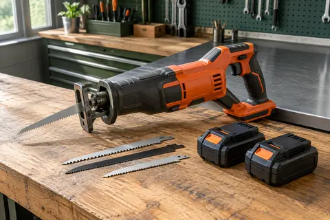Scie sabre sans fil orange brûlé avec deux batteries et des lames sur un établi d’atelier soigné.