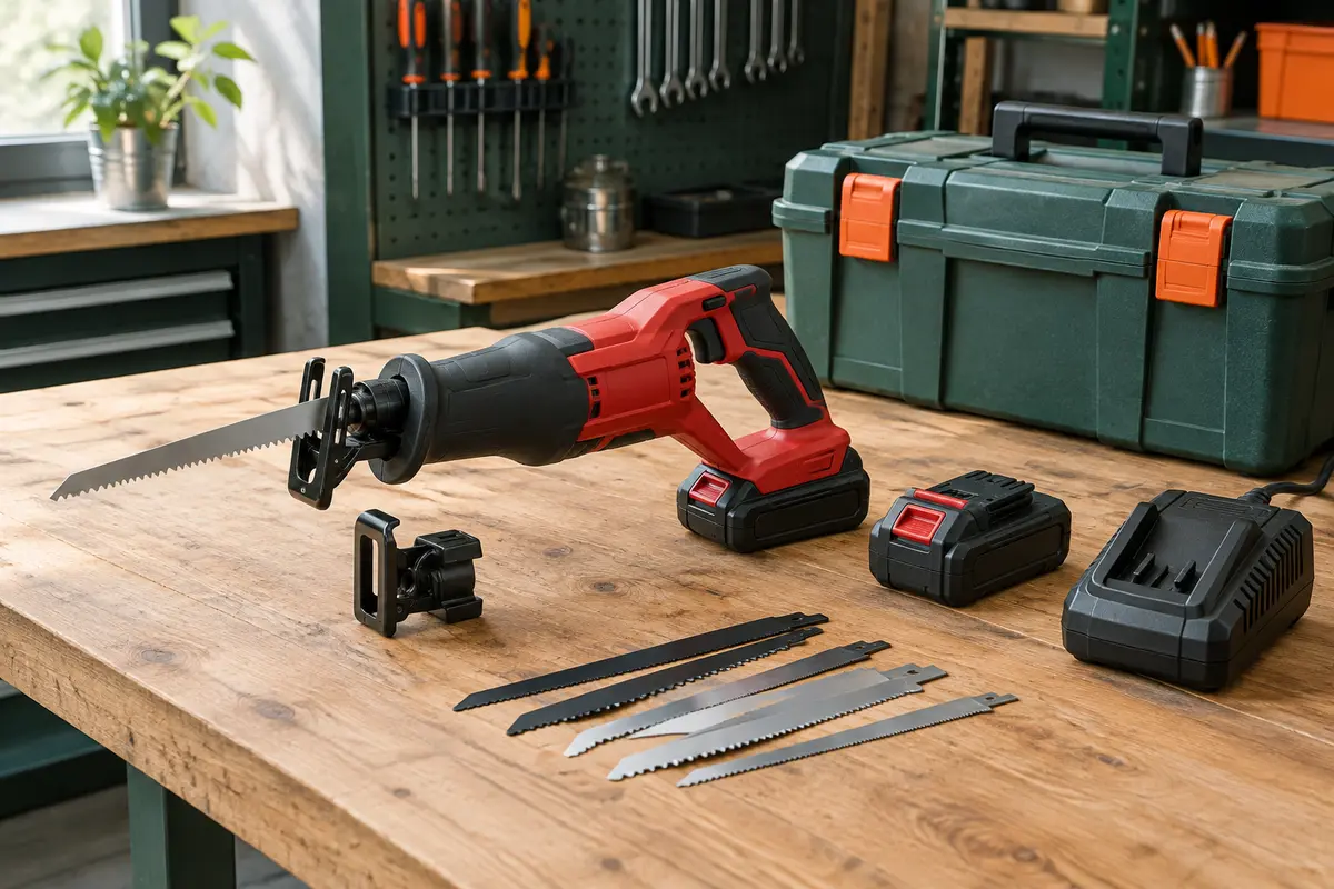 Scie sabre sans fil rouge avec batterie, mâchoire de serrage et accessoires rangés sur un établi
