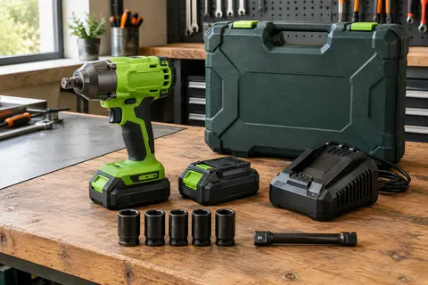 Clé à choc sans fil vert fluorescent avec deux batteries, chargeur, douilles, rallonge et mallette