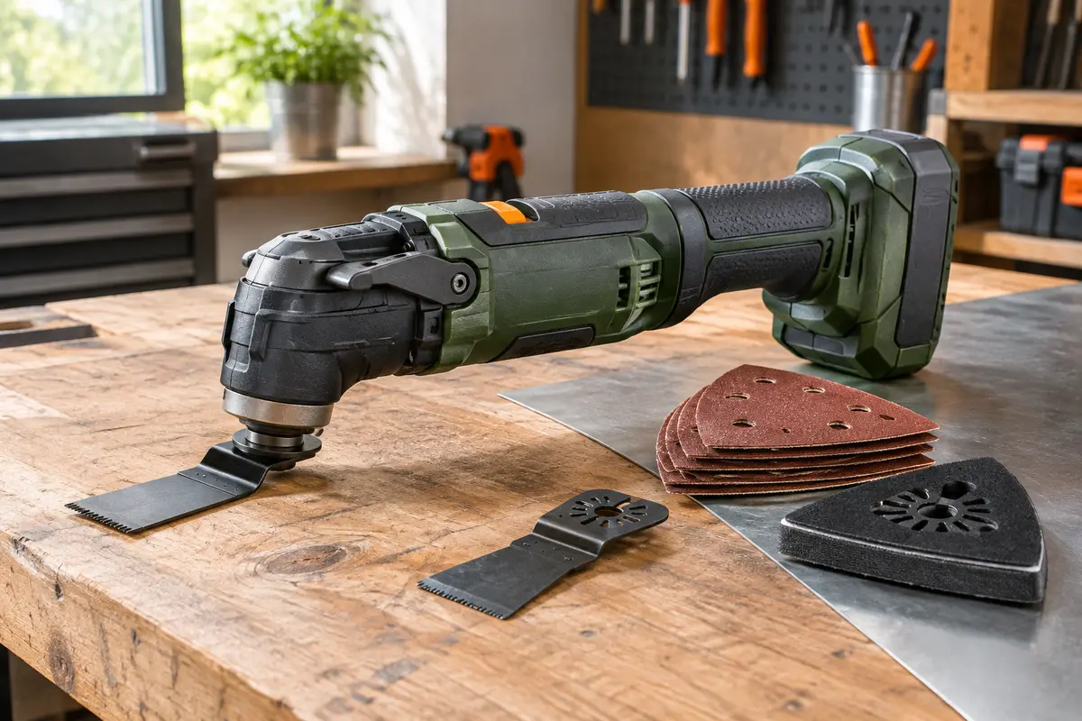 Outil multifonction oscillant Ryobi vert et anthracite posé sur un établi avec une lame et des abrasifs.