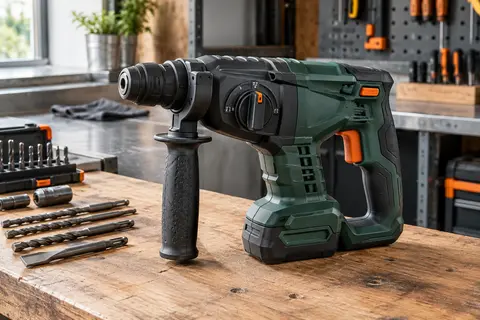 Perforateur Ryobi vert et anthracite posé sur un établi en bois dans un atelier soigné