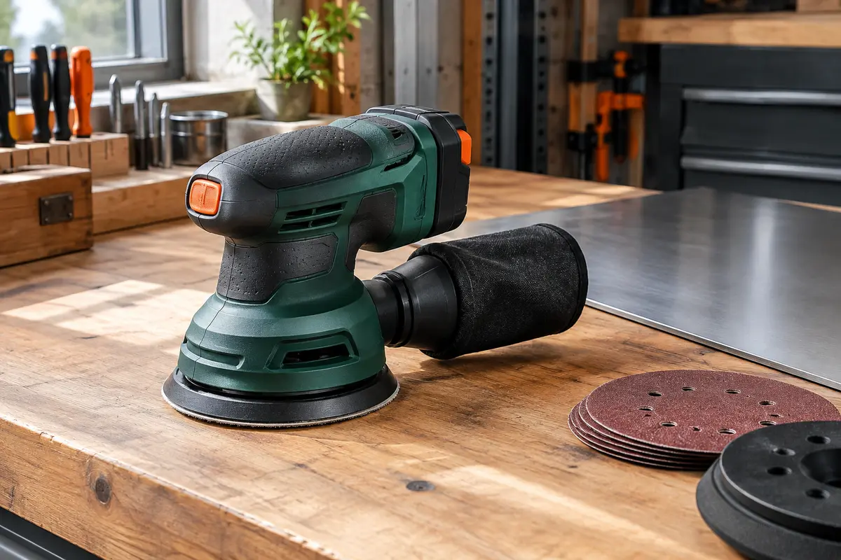 Ponceuse excentrique sans fil vert profond et anthracite, avec plateau de 125 mm et sac collecteur