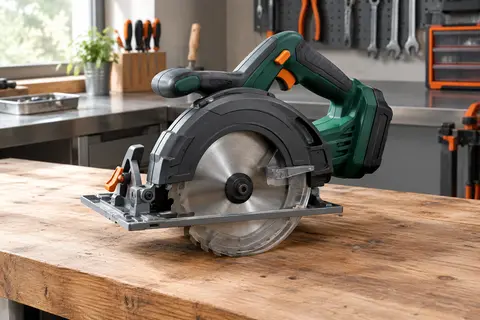 Scie circulaire sans fil vert et anthracite avec lame de 150 mm posée sur un établi en bois.