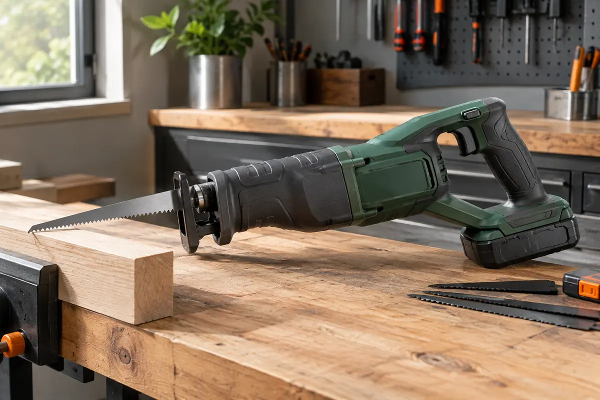 Scie sabre Ryobi 18V ONE+ posée sur un établi en bois, avec son patin ajustable et sa lame.