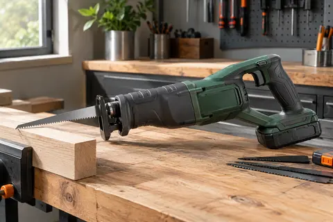 Scie sabre Ryobi 18V ONE+ posée sur un établi en bois, avec son patin ajustable et sa lame.
