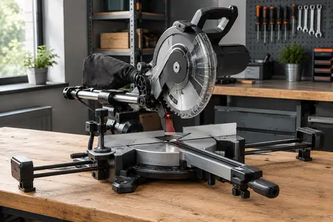 Scie à onglets radiale noire Scheppach HM216 posée sur un établi en bois dans un atelier