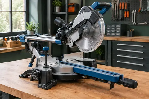 Scie à onglets radiale Scheppach HM254 avec laser et plateau tournant, posée sur un établi d’atelier.