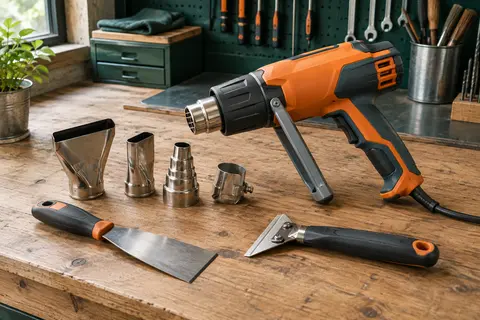 Décapeur thermique orange et gris avec buse métallique, accessoires et spatule posés sur un établi en bois.