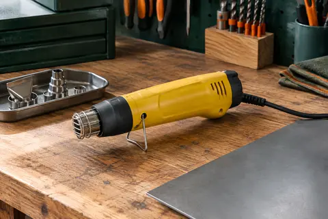 Mini décapeur thermique jaune au format crayon, posé sur un établi avec son support pliable visible.