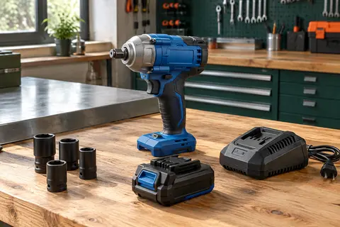 Clé à chocs sans fil bleue avec batterie, douilles et chargeur sur un établi d’atelier
