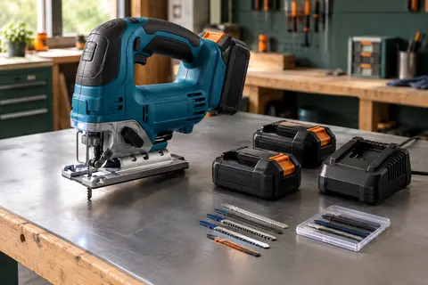 Scie sauteuse sans fil bleue avec batterie, chargeur et lames sur un établi d’atelier