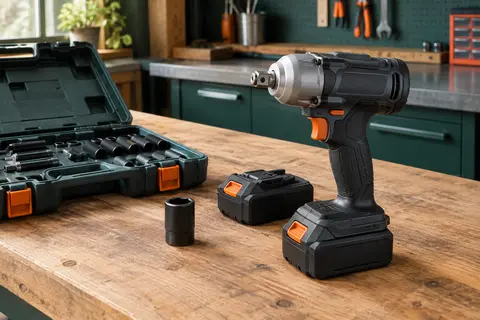 Clé à chocs sans fil noire avec batteries et douilles disposées sur un établi d’atelier