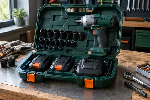 Clé à choc sans fil Teeno avec deux batteries, chargeur, douilles et accessoires dans un coffret ouvert.