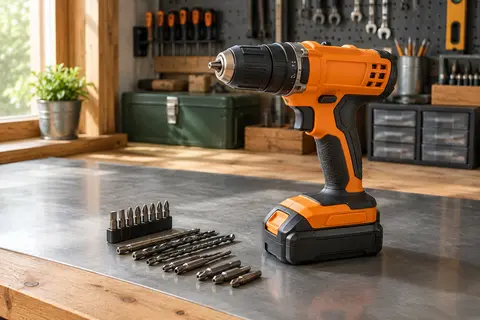 Perceuse-visseuse sans fil orange avec batterie, LED et accessoires posés sur un établi en bois.