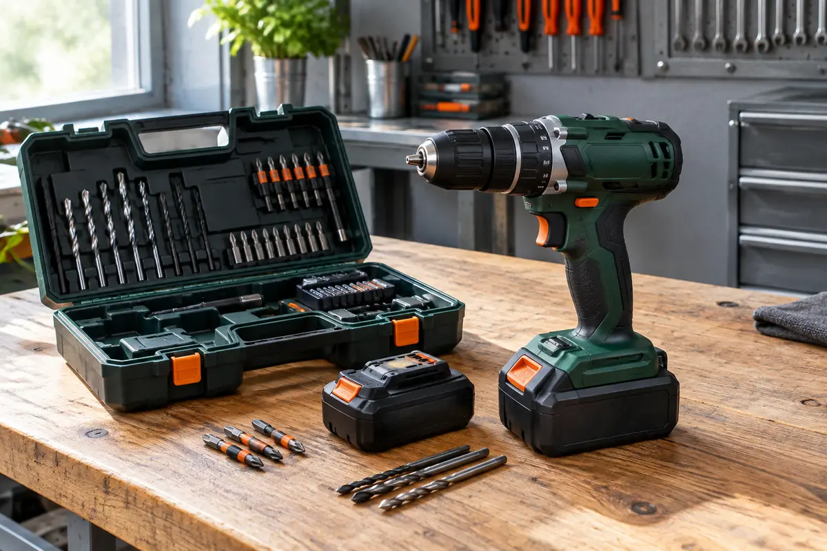 Perceuse-visseuse à percussion Voerjia verte avec batteries, accessoires et valise sur un établi en bois.