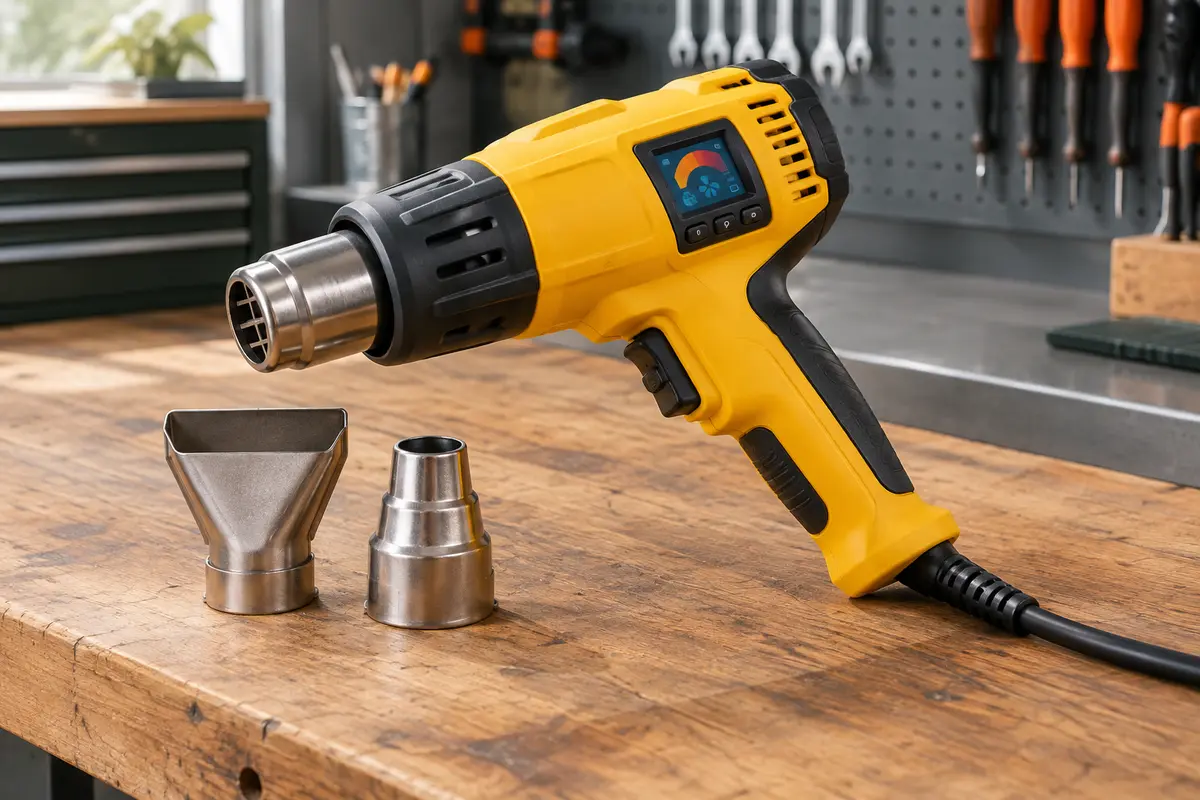 Pistolet à air chaud jaune avec écran LED et deux buses posé sur un établi d’atelier