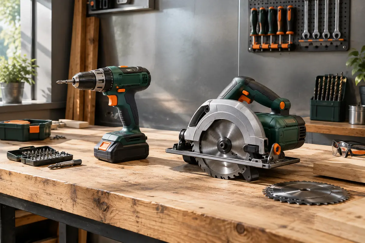 Outils électroportatifs et accessoires disposés sur un établi en bois, dans une lumière naturelle douce.